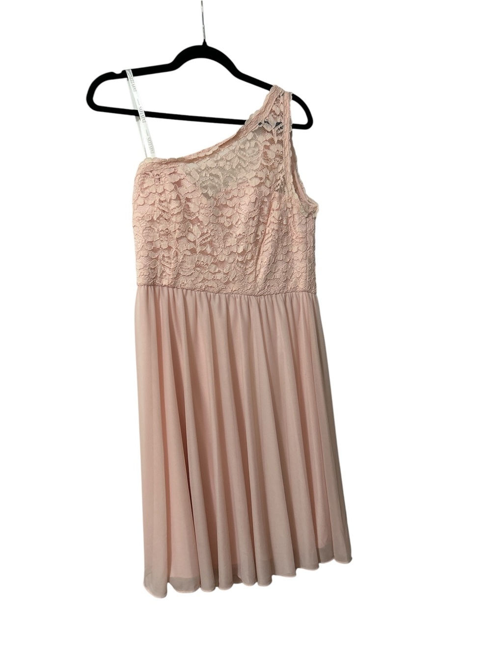 David's Bridal One-Shoulder Lace Chiffon Dress in Blush Pink